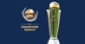 ICC Champions Trophy logo alongside the trophy, featuring a golden cricket ball design on a sleek, silver and gold pedestal, set against a dark blue background.